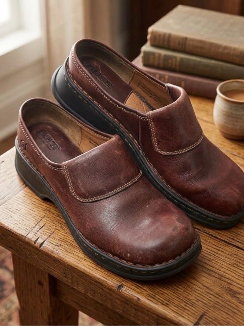 Born Women's Burgundy Slip-On Leather Clogs